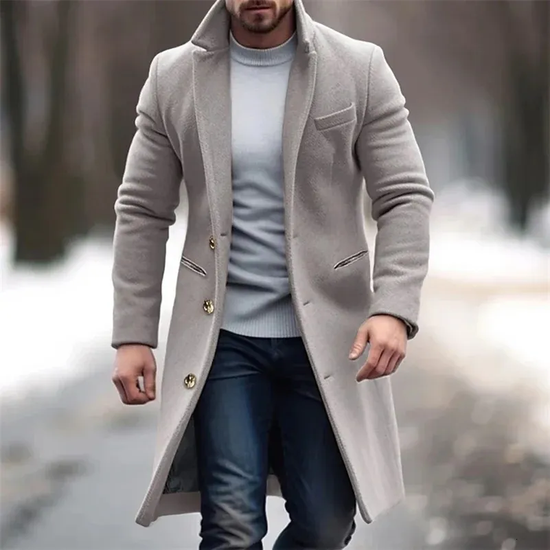 Mens Mid Length Woolen Coat Winter Single Breasted Wool 2024 Suit