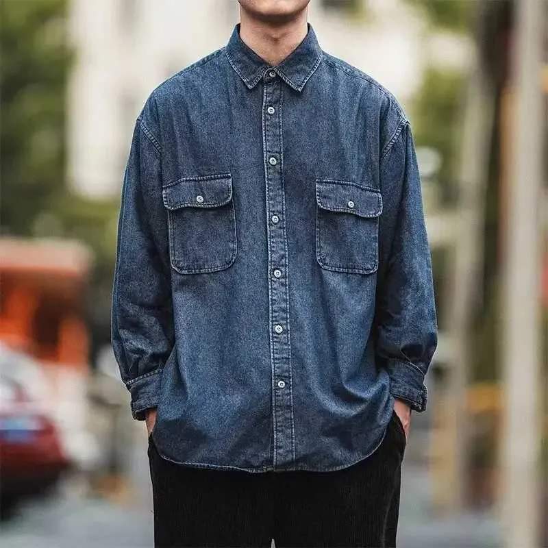 Mens Denim Long Sleeve Casual Shirt: Loose Fit Japanese Retro