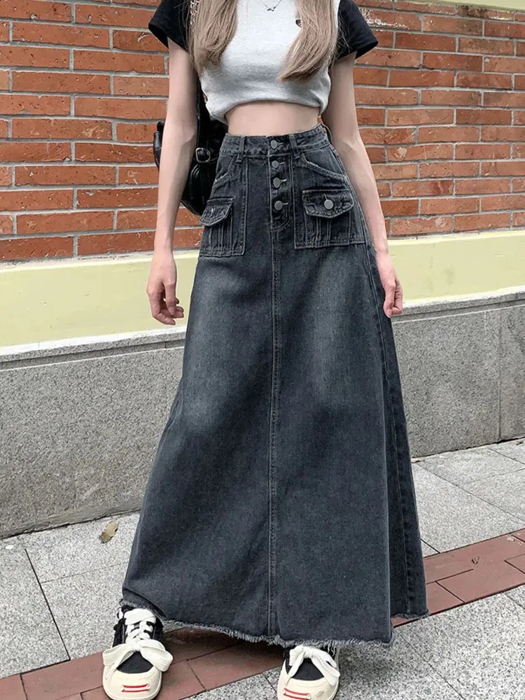 【Anyone more】Uli Vintage Washed Denim Long Skirt OHRYIYIE Vintage Denim denim skirt - Large Size 5XL, Floor