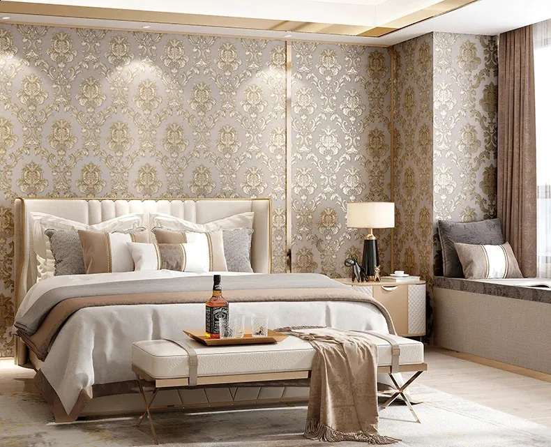 Vintage Damask Peel & Stick Wallpaper – Grey & Gold, 17.3" X 118", Self-Adhesive, Waterproof, Removable, For Bedroom, Bathroom, Furniture, Accent Wall