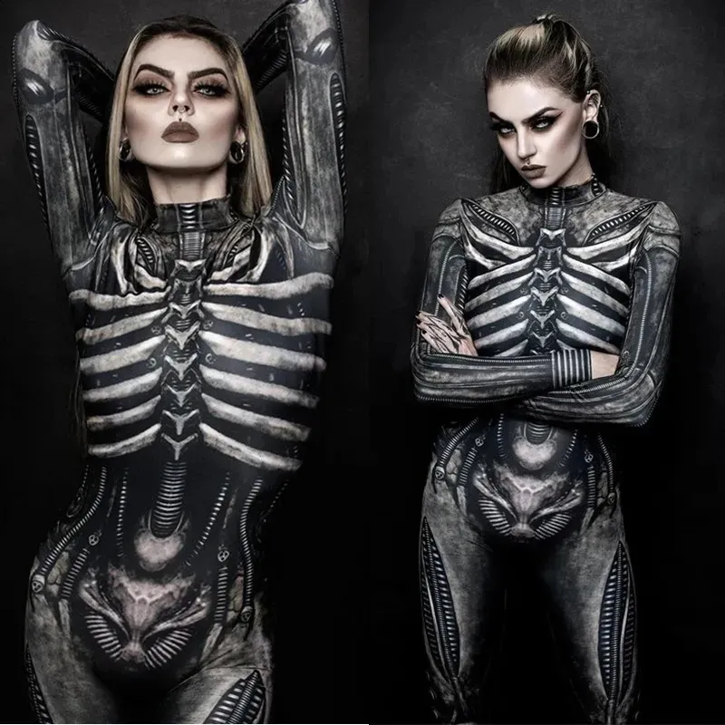 Basic Casual Dresses Horror Cosplay Skeleton Jumpsuit Halloween Costumes Slim Humen Body Women Zentai Skull Ghost Tight Suit Carnival Dress Up Party