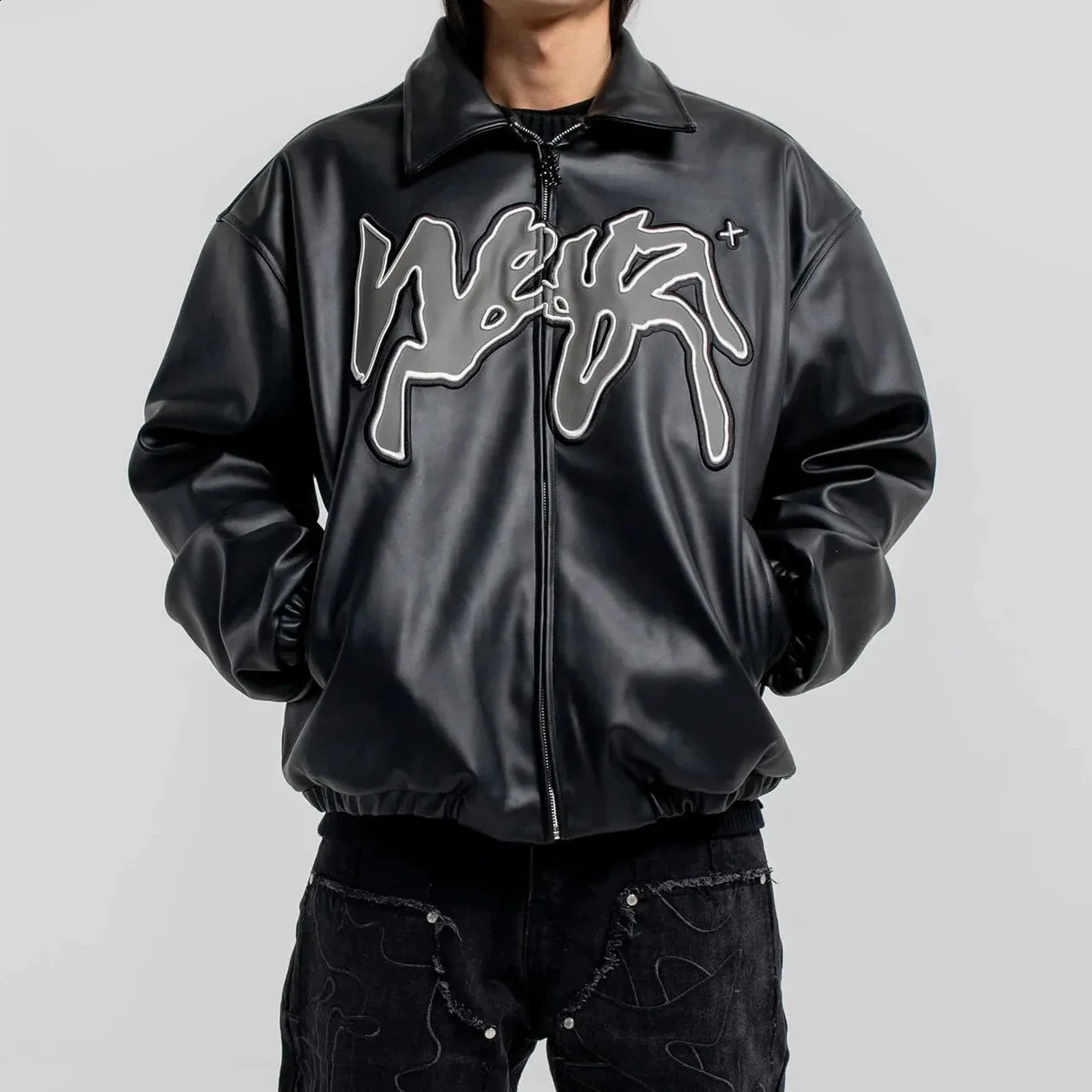 Y2K PU Leather Jacket Men's Harajuku Hip Hop Trendy Zipper Long Sleeve Goth Embroidered Black 240824 Y2K PU Leather Jacket Men's Harajuku Hip Hop Trendy Zipper Long Sleeve Goth Embroidered Black 240824