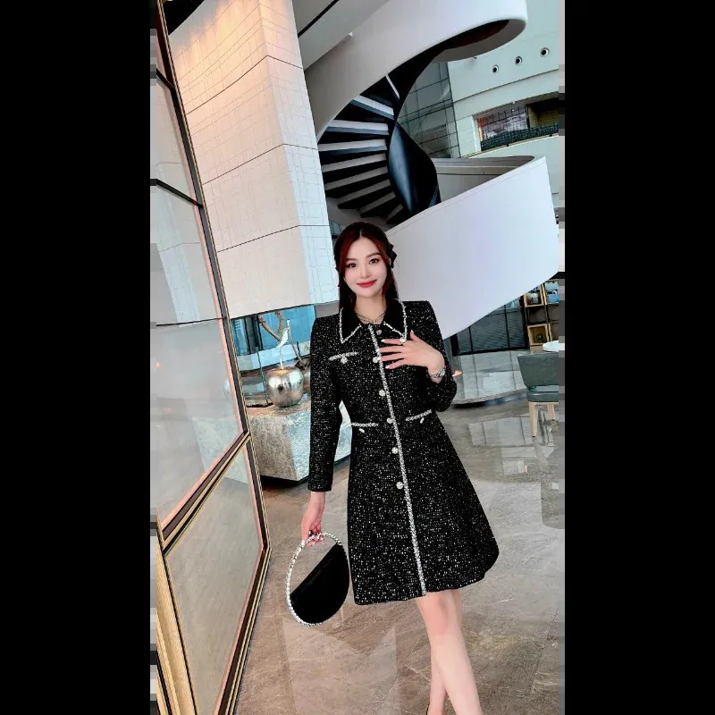 Sequined Small Fragrance Beaded Lapel Dress for Women, Floor