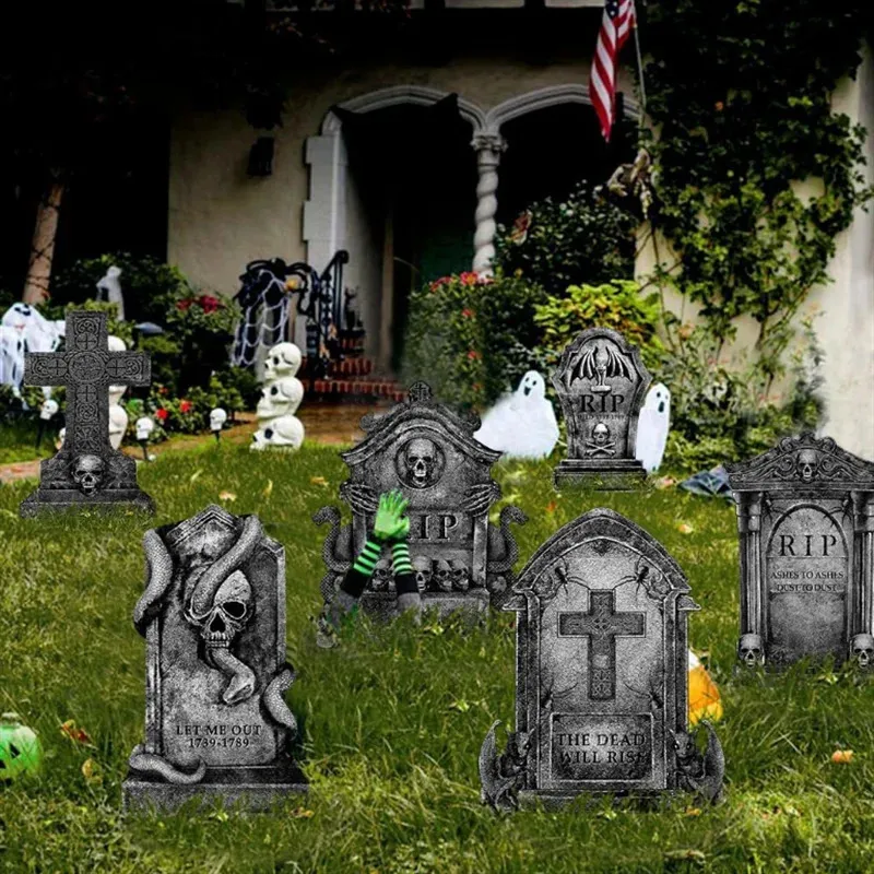 Dhnvcud 6 Pierres Tombales Halloween + Guirlandes Lumineuses - Décoration Extérieure Effrayante
