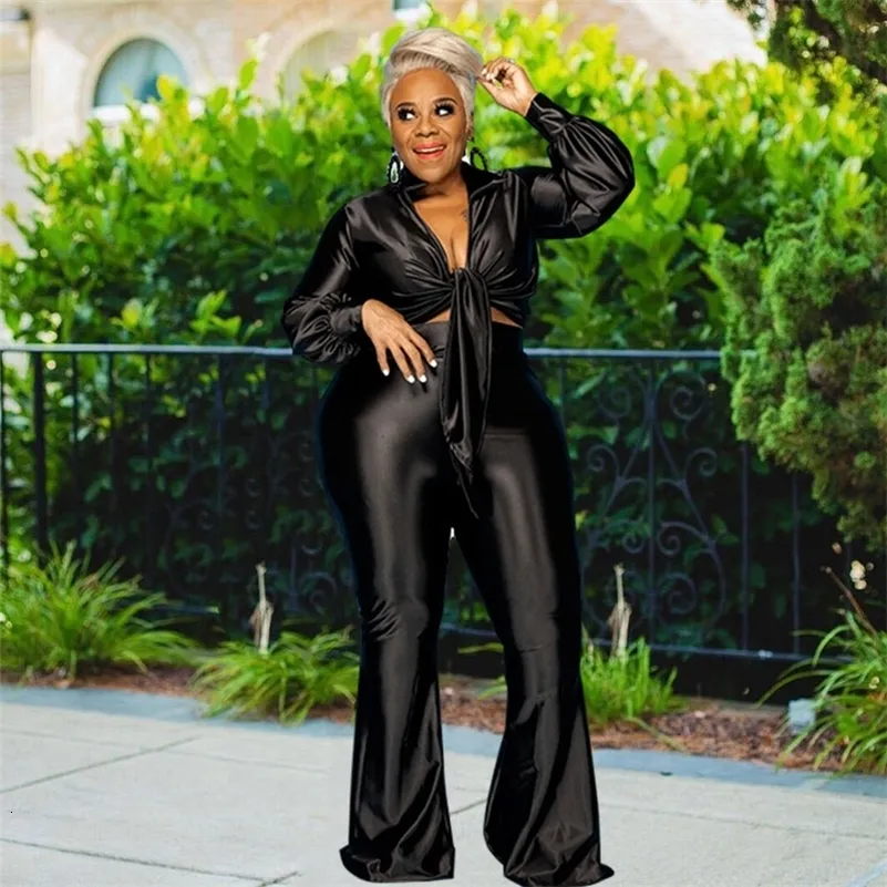 Plus Size Two Piece Sets: Womens Faux Leather Long Sleeve Top And