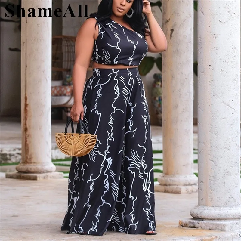 Save Big on Bulk Plus Size Two Piece Outfit Plus Size Pants Suits Abstract  Print Two Piece Outfit: One Shoulder Crop Top Wide Leg Pants, Summer
