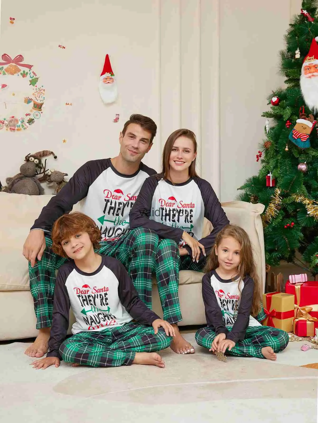 Family Matching Holiday Pajamas: Green Check Print, Long Sleeve