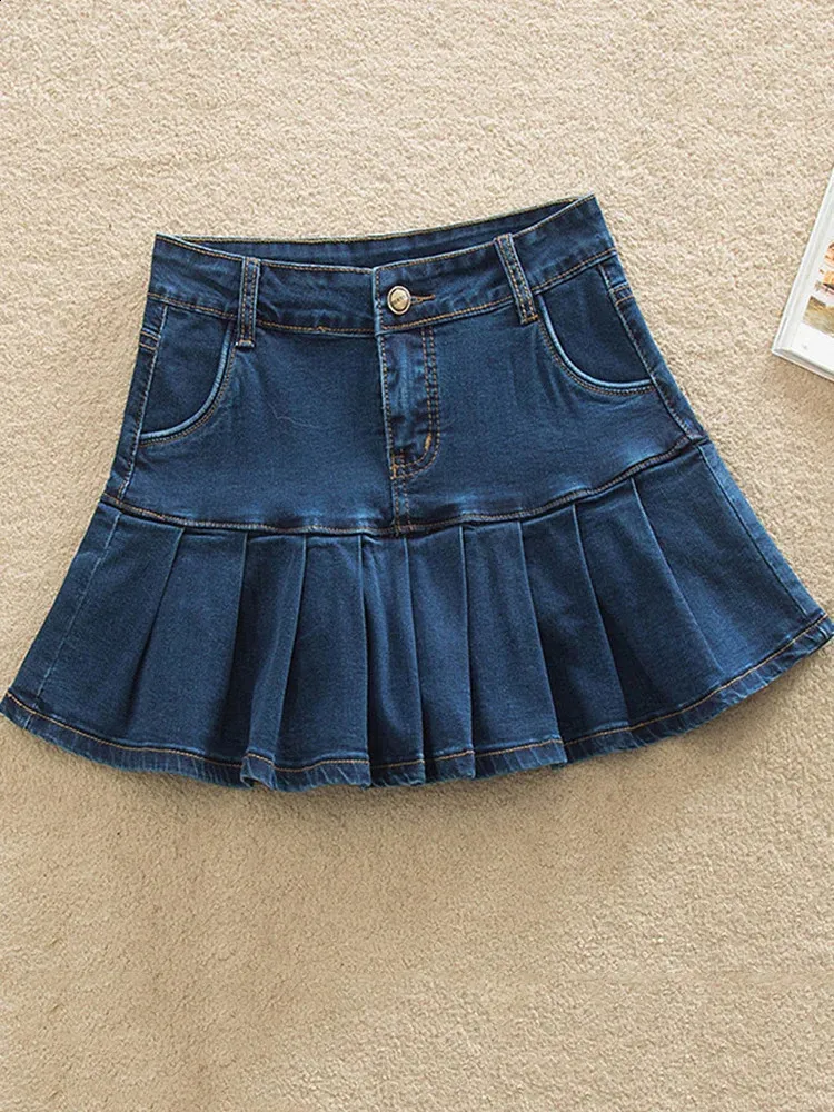 Pleated Denim Mini Skirt, High Waisted Denim Mini Skirt With - Main Image