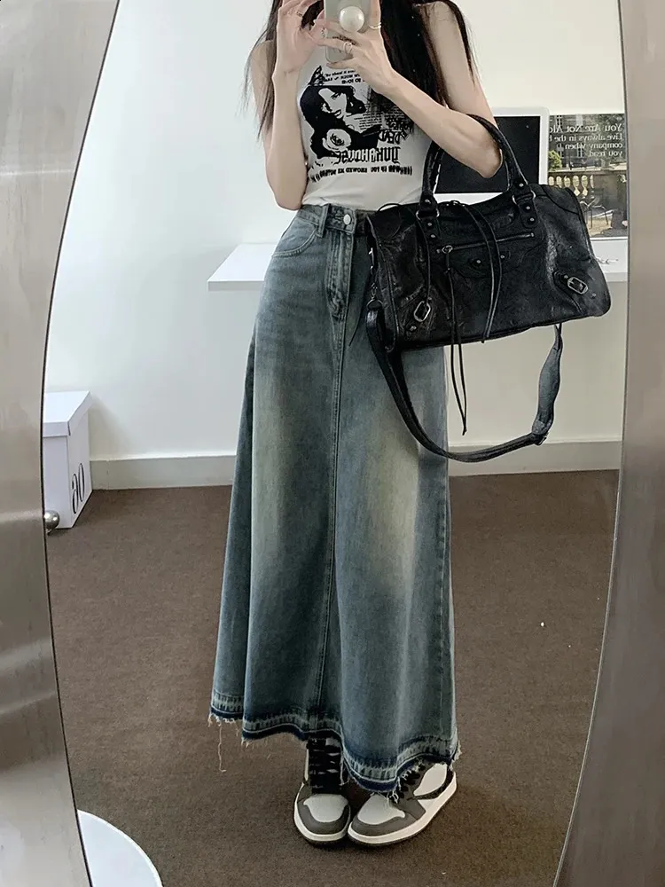 ◆2000Archives◆ LAYERED DENIM SKIRT 3123FDSK03GD REDDACHiC Y2K Raw Edge Stitch Maxi denim jeans skirt - High