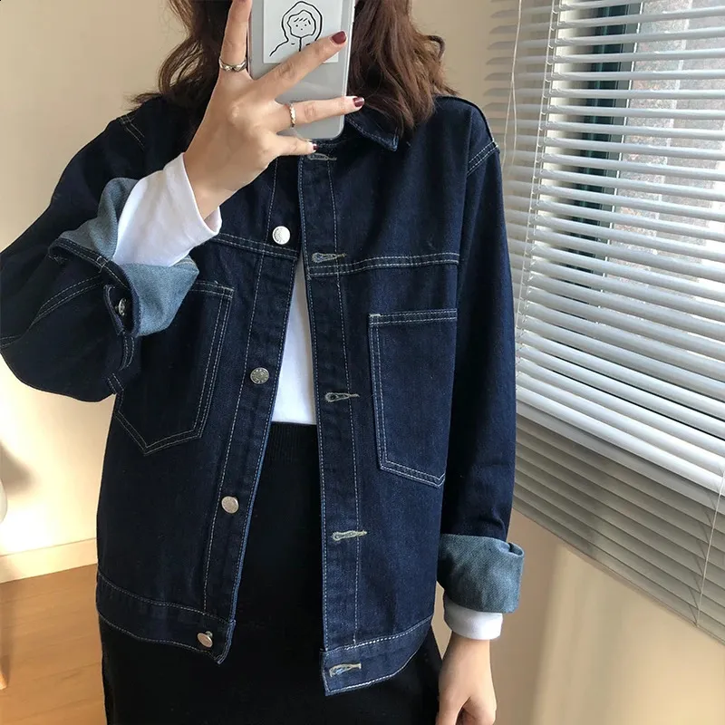 Simple Dark Blue Denim Jacket For Women Spring Autumn Solid Color
