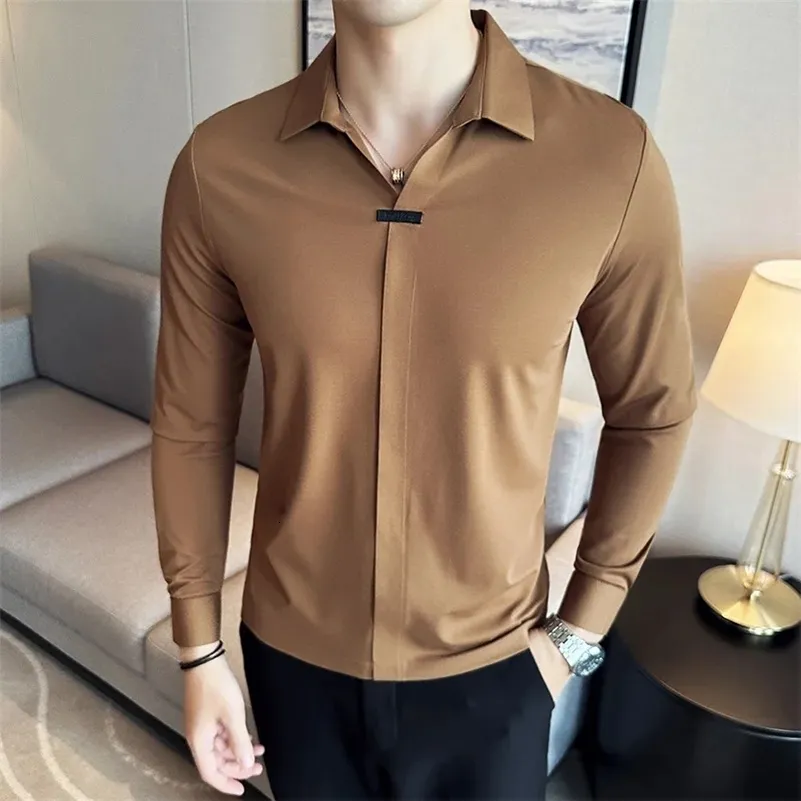 Men's Slim Fit Ice Silk Shirt - Long Sleeve Casual Solid Color Button Down For Spring & Summer