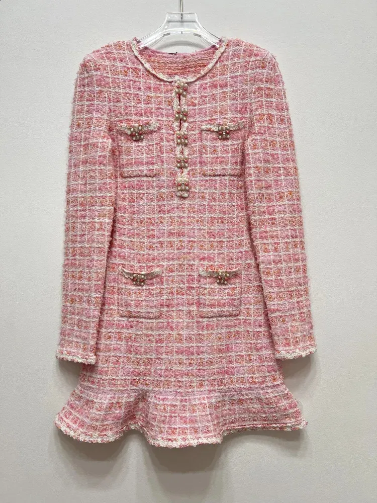 DHgate.com:Pink Tweed Mini Dress: Spring Ruffle Hem, Long