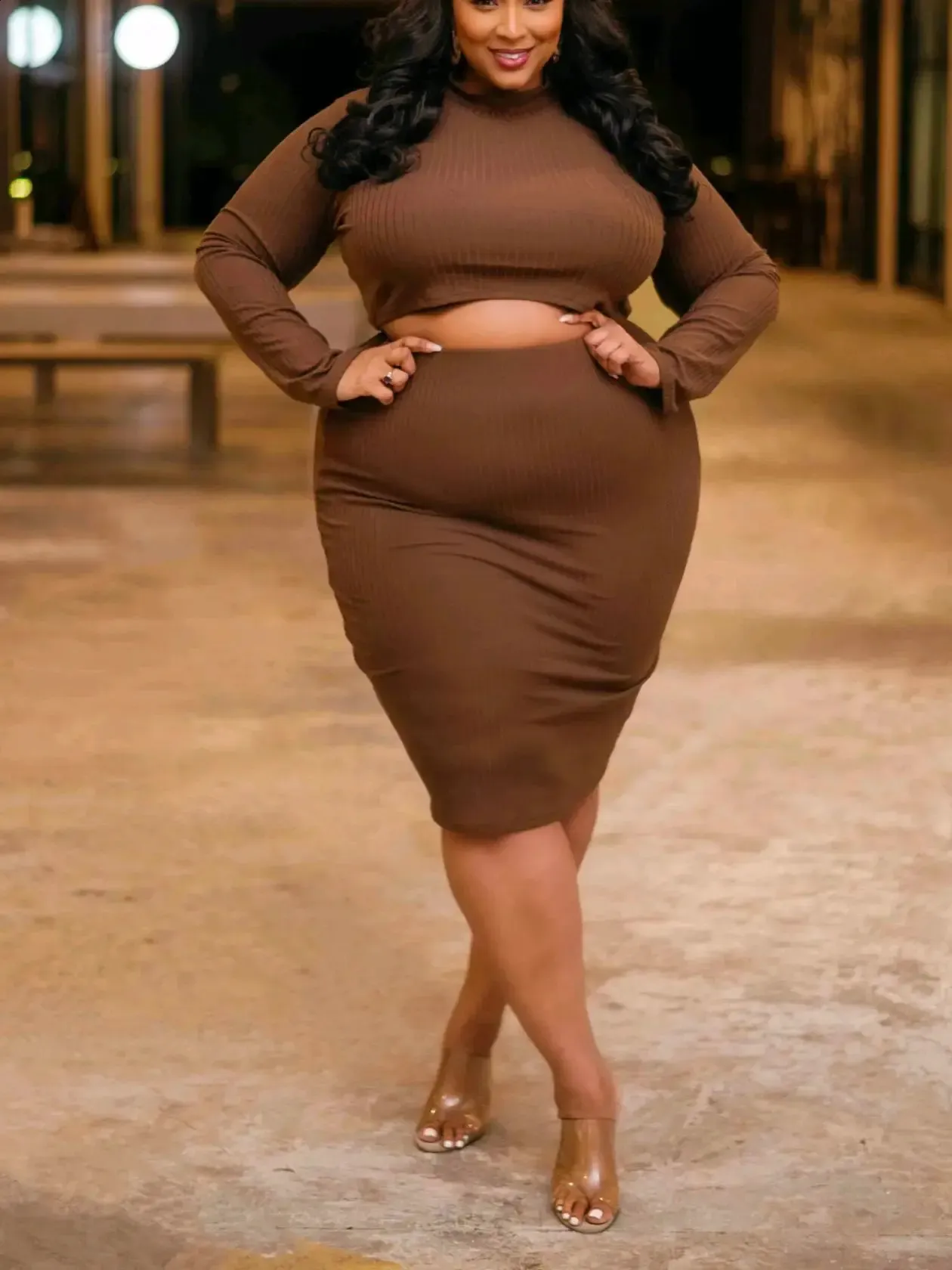 Plus Size Rib Knit Skirt Set: Crew Neck Crop Top Slim Fit Skirt Shop  Now! Best Seller