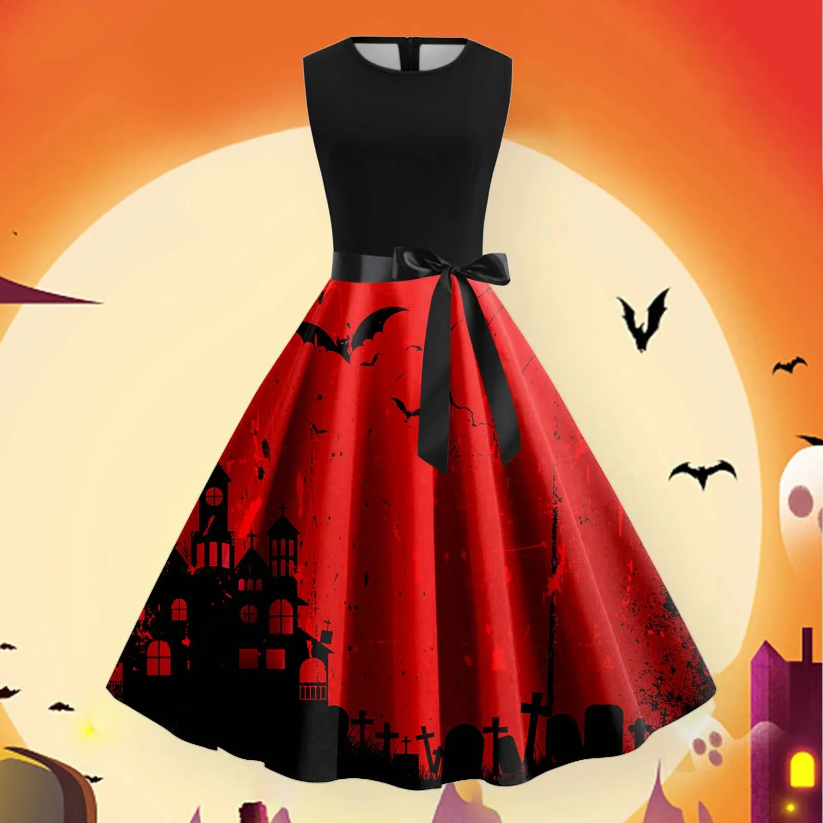 Womens Halloween Cosplay Dress Short Sleeves Bat Pumpkin Printed Vintage  Style A Line High Waist Drawstring Party Dress from Dhgate Theme Costume -  price 45.51