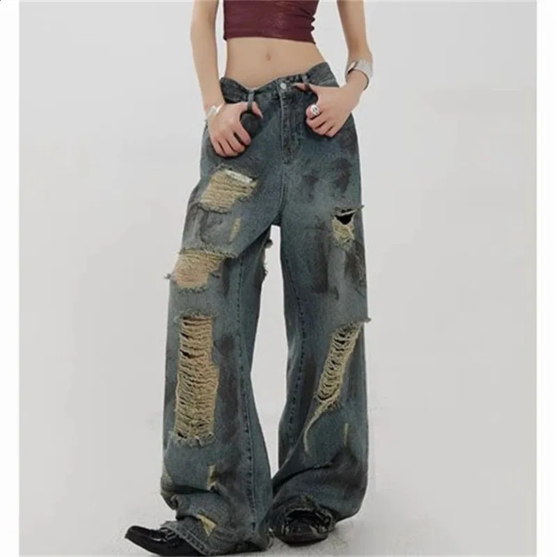 【BAON】Ryoko vintage washed wide denim pants Lolmot Women High Waisted Pants Wide Leg Denim Jeans