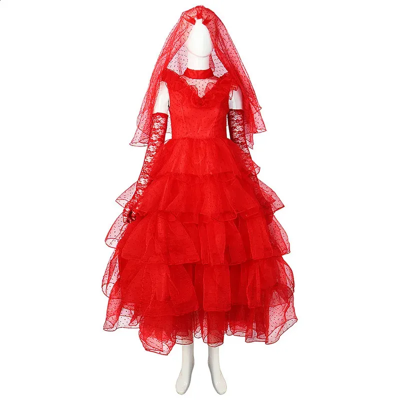 open lace back dress Women Lydia Deetz Costume Red Wedding Dress Horror Movie Beetle Bride  Sun  Baby