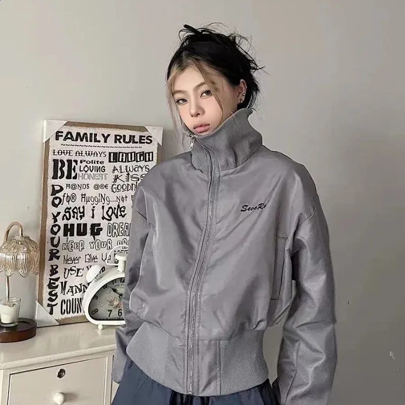Deeptown Vintage Grey Short Jacket Women Harajuku Japanese Y2k