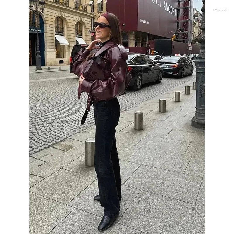 Womens Burgundy Faux Leather Lapel Moto Jacket: Cropped