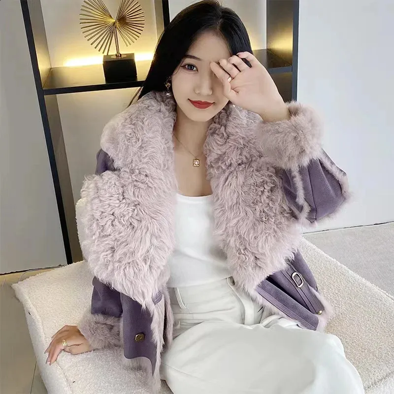 Winter Women Fur Jackets Real Rabbit Lining Sheepskin Neck Short Coat
