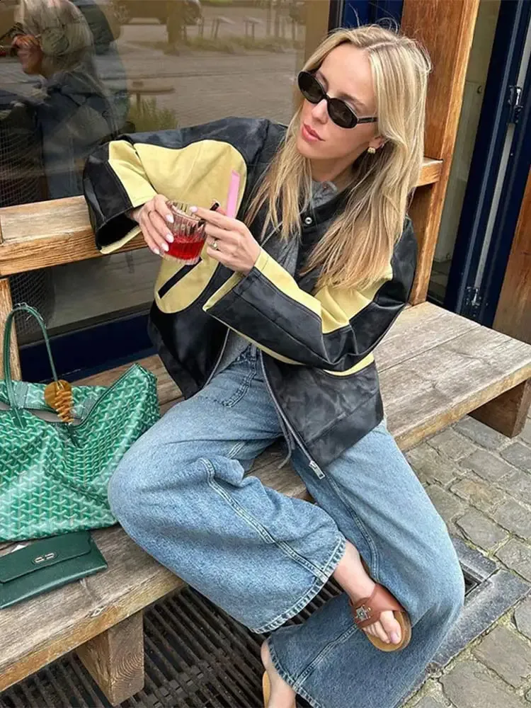 Vintage Color Block Leather Biker Jacket: Autumn Fashion for Women