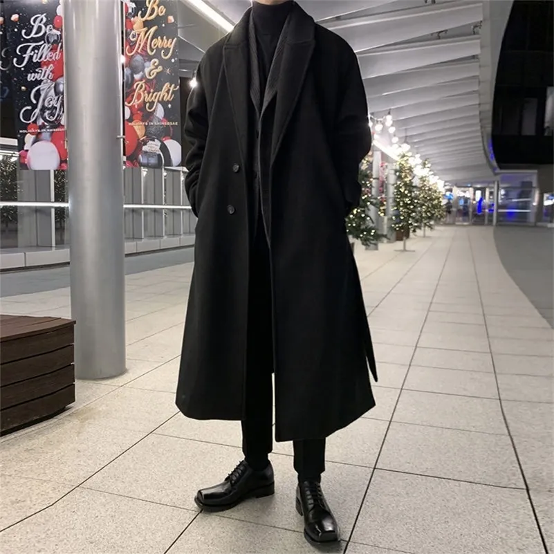 Y240823 Mens Woolen Overcoat Thickened Warm Long Casual Korean