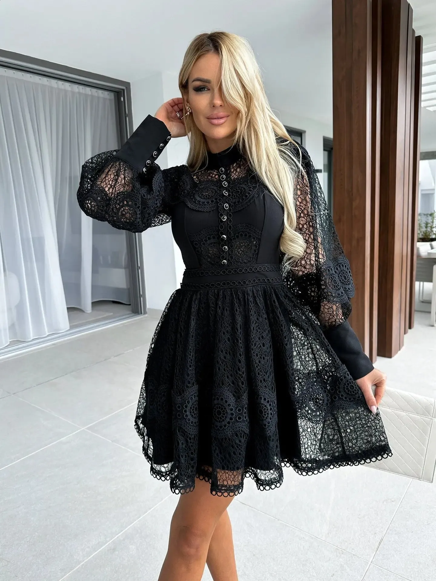 black dress with white lace sleeves Long-Sleeve Beaded Long Formal Dress