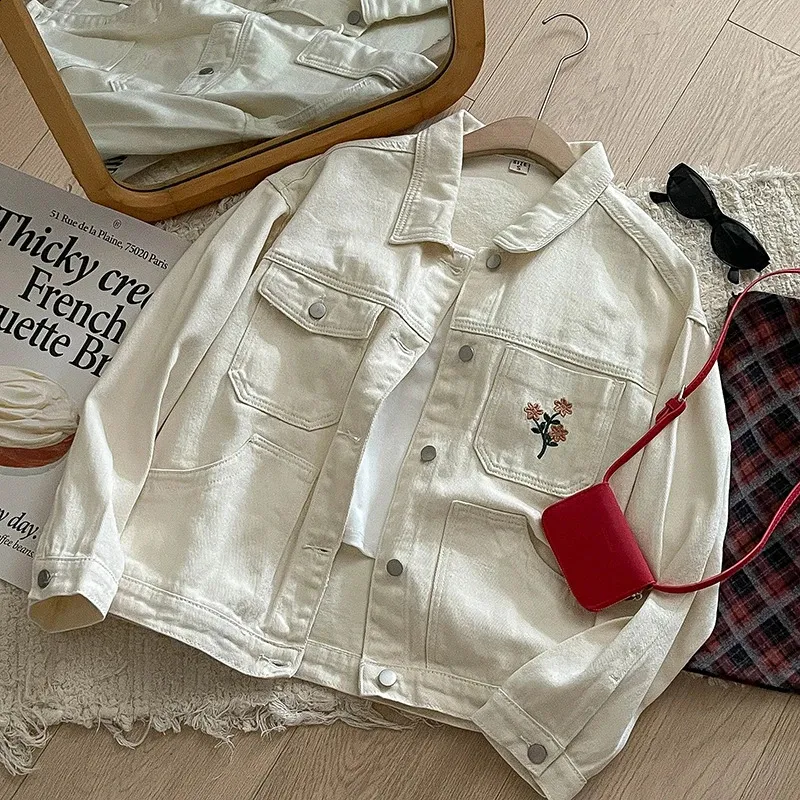 Ladies Floral Jackets: Vintage Style Denim Coat, Long Sleeve Lapel