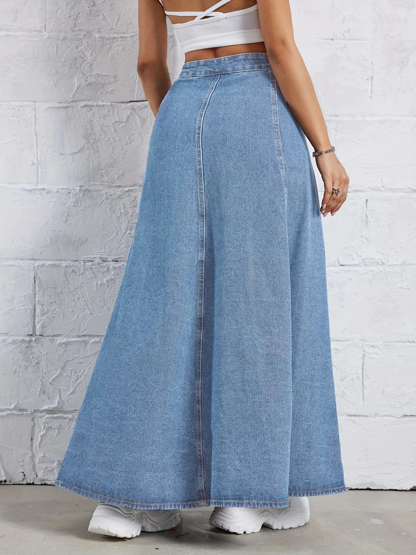 High Waisted Long Denim Skirt - Womens A-Line Umbrella Skirt