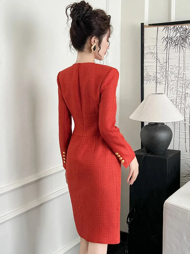 Elegant Red Tweed Midi Dress with Double Breasted Jacket and Matching Scarf