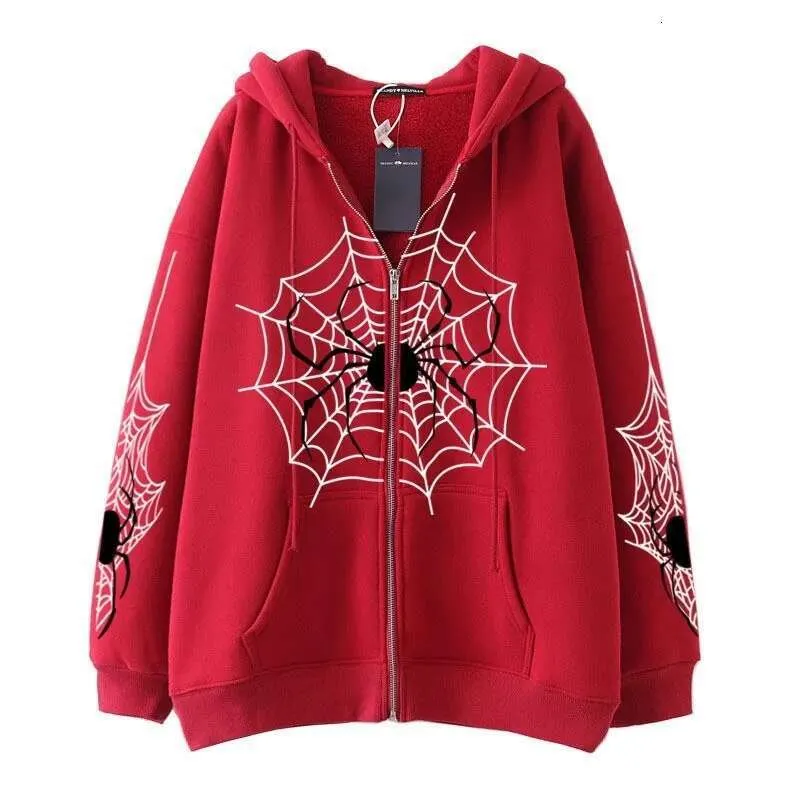 Womens Gothic Spider Web Y2K Zipper Hoodie Loose Oversized