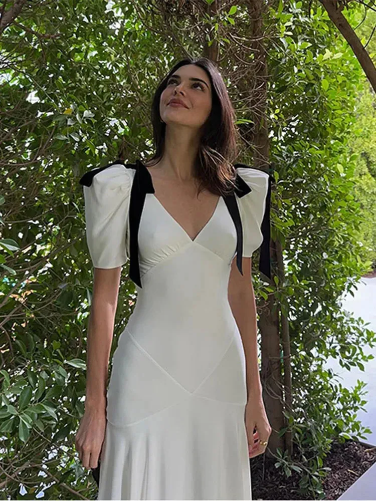 knee length dresses for ladies Momyknows White Off Shoulder Ruffle Ruched Puff Sleeve Photoshoot Plus Size Maternity Maxi Dress White / XL