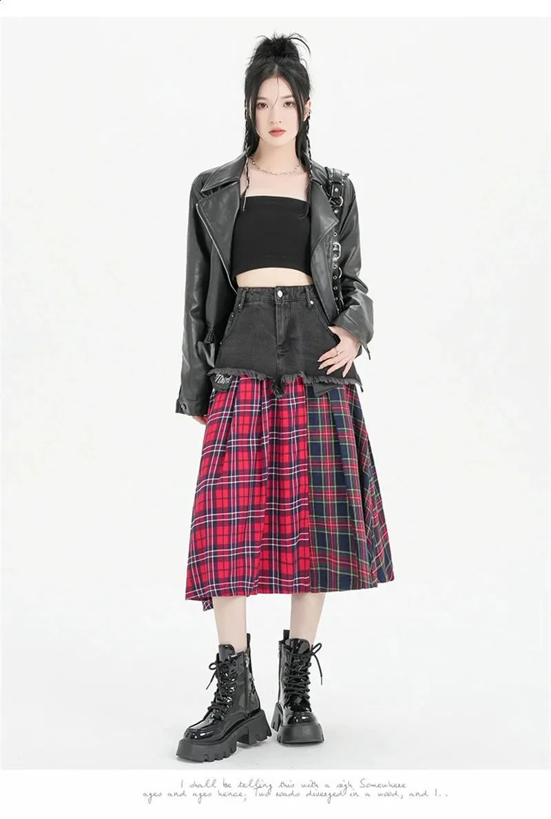 Patchwork Plaid Denim Skirt: Vintage Y2K Style, A-Line Fit. Shop