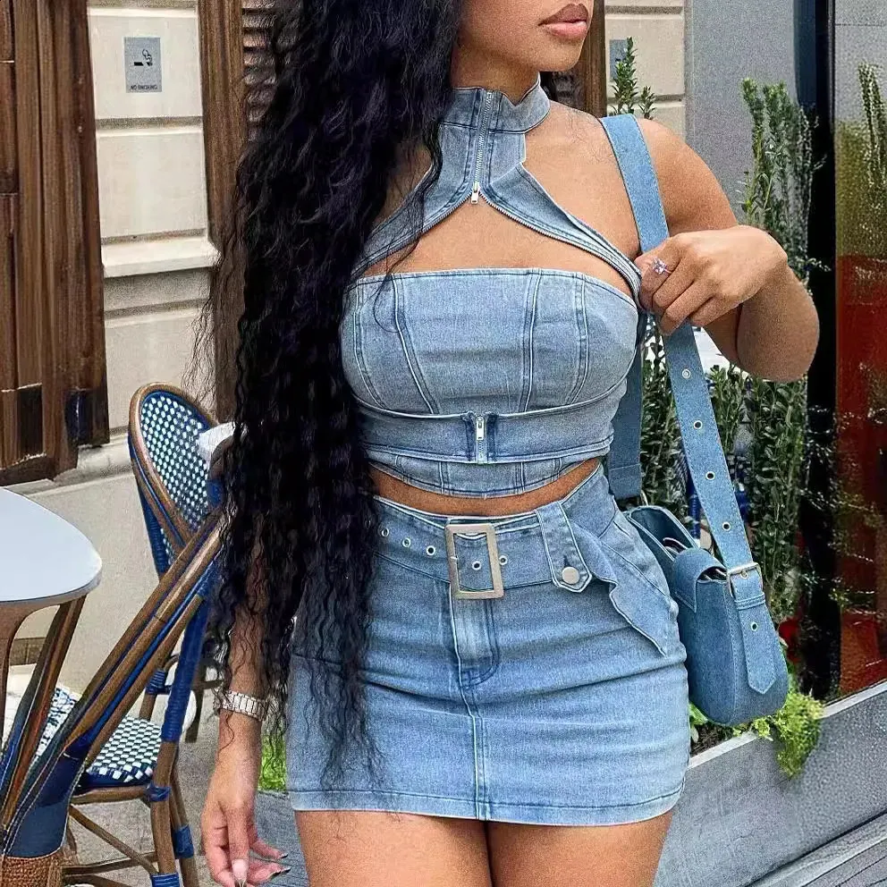 Women's Blue Denim Crop Top and Shorts Set for Summer Outfit, image size:992x992