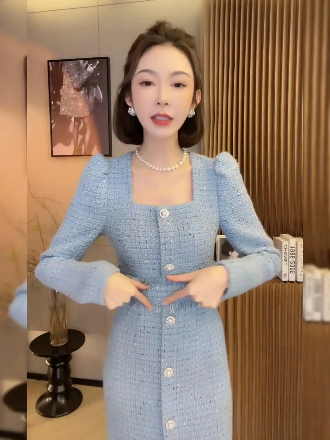 tweed dress blue Puff Sleeve Dress, Blue Tweed 10 main image 1