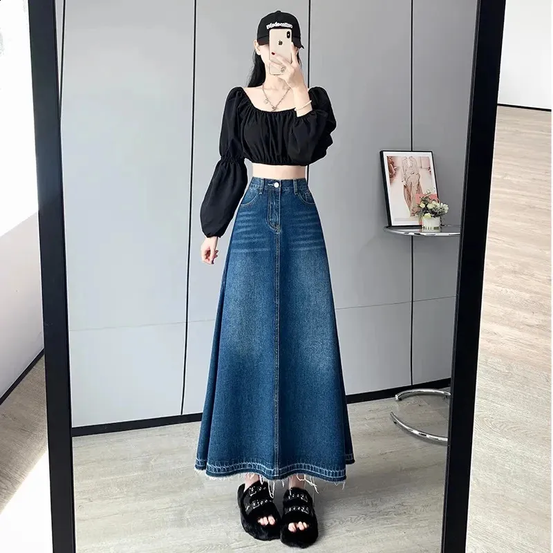 Long Jean Skirts for Women High Waist A-Line Denim Skirts, Plus