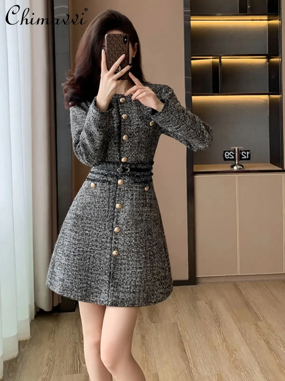 High End Gray Long Sleeved Tweed Dress For Women Elegant Office 