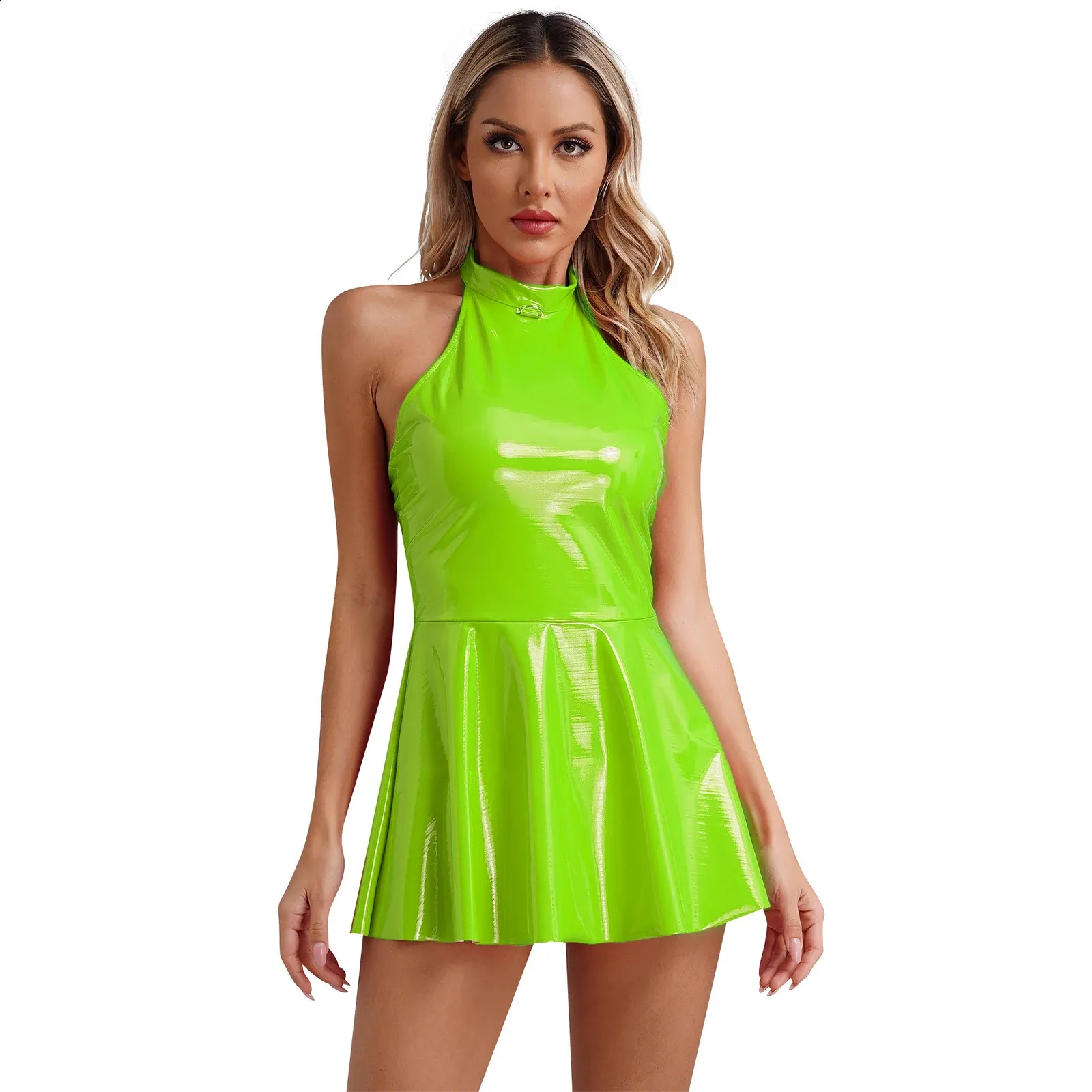 Sleeveless Patent Leather Skiing dress for Women - Perfect for Clubbing, Skateboarding, and Carnival Parties (240824)