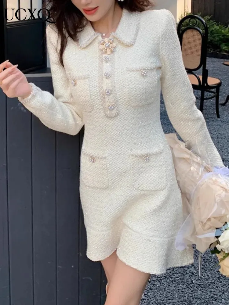 UCXQ Elegant Short Dress European Style Tweed Lapel Beading Button Long Sleeve Fashion Dresses for Women Spring Summer 9896 240824
