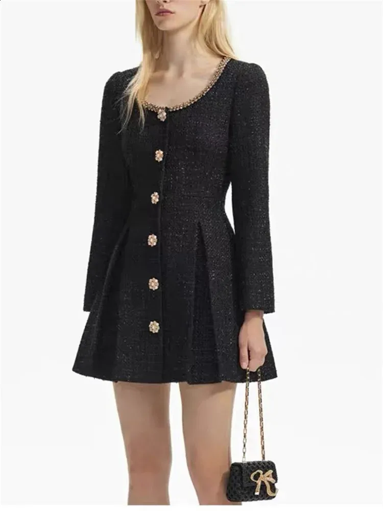Pearl Button Tweed Mini Dress: Slim Fit A-Line, Long Sleeve