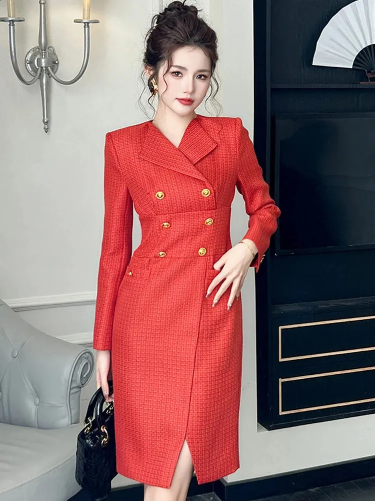 Save Big on Bulk Midi Office Dress Quality Elegant Midi Dress For Women  Business Red Tweed V Neck Double Breasted Long Sleeve Robe Office Lady - Main Image