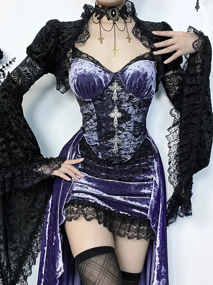 Gothic Ultra Thin Purple Pendant Tail dress with Cross Decoration and Suede Long Style for Women (CF23580AH 240823)