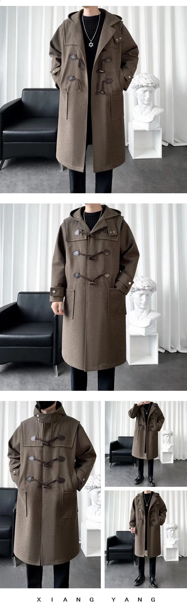 Mens Long Wool Coat: Oversized Hooded Trench, Korean Style