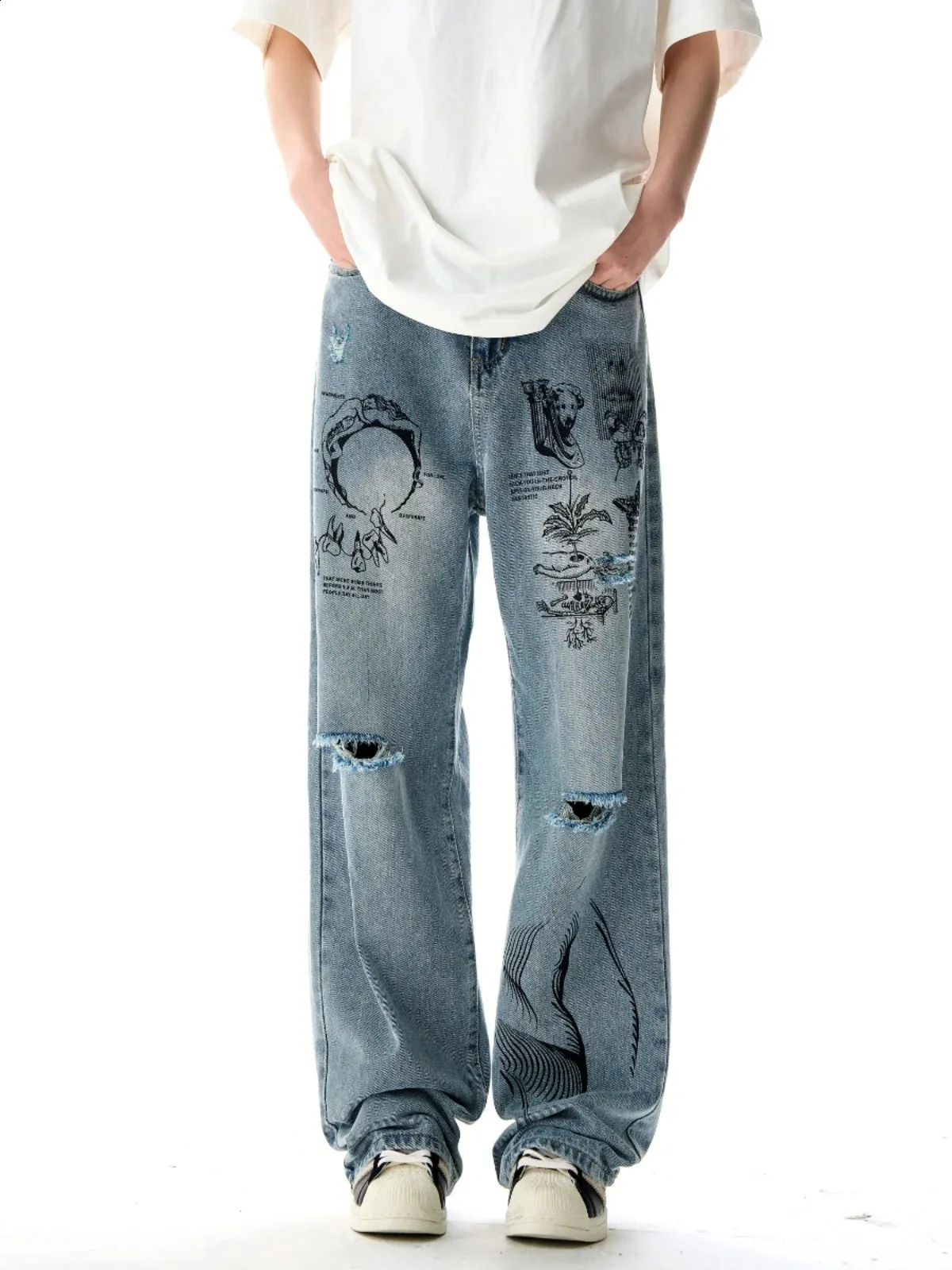 Graffiti Jeans: Distressed Wide Leg Pants for Men & Women