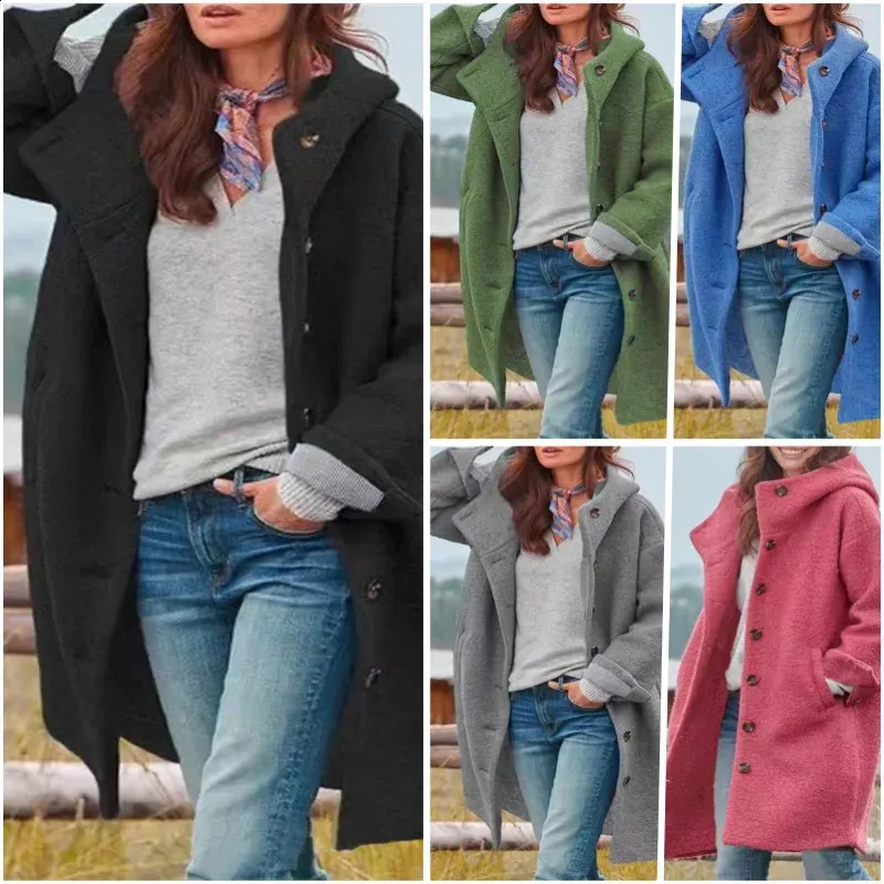 Womens Wool Blend Long Sleeve Coat Single Breasted Hooded Jacket