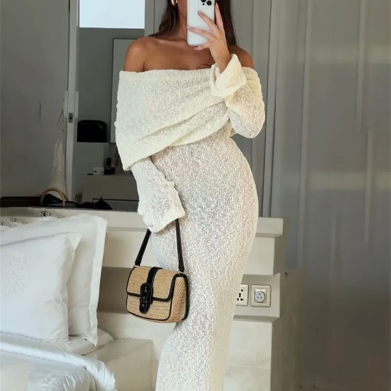 Off-Shoulder Knit strapless maxi dress summer with See-Through Sleeves - Perfect for Holidays and Beach Parties
