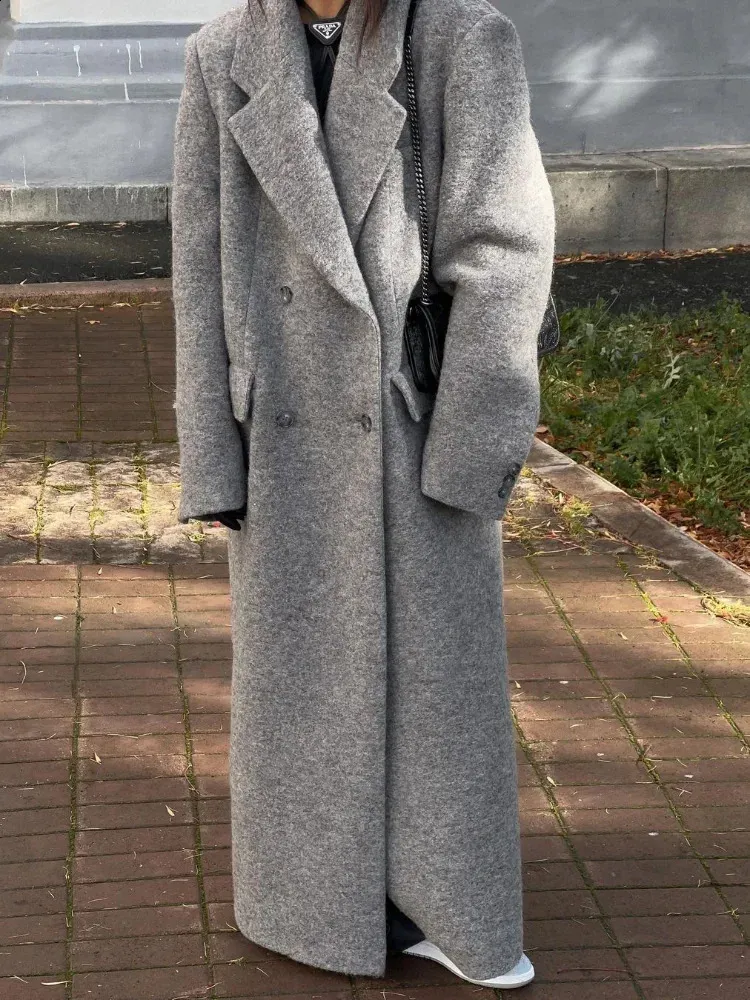 2024 Women's Grey Double-Breasted Woolen long overcoat