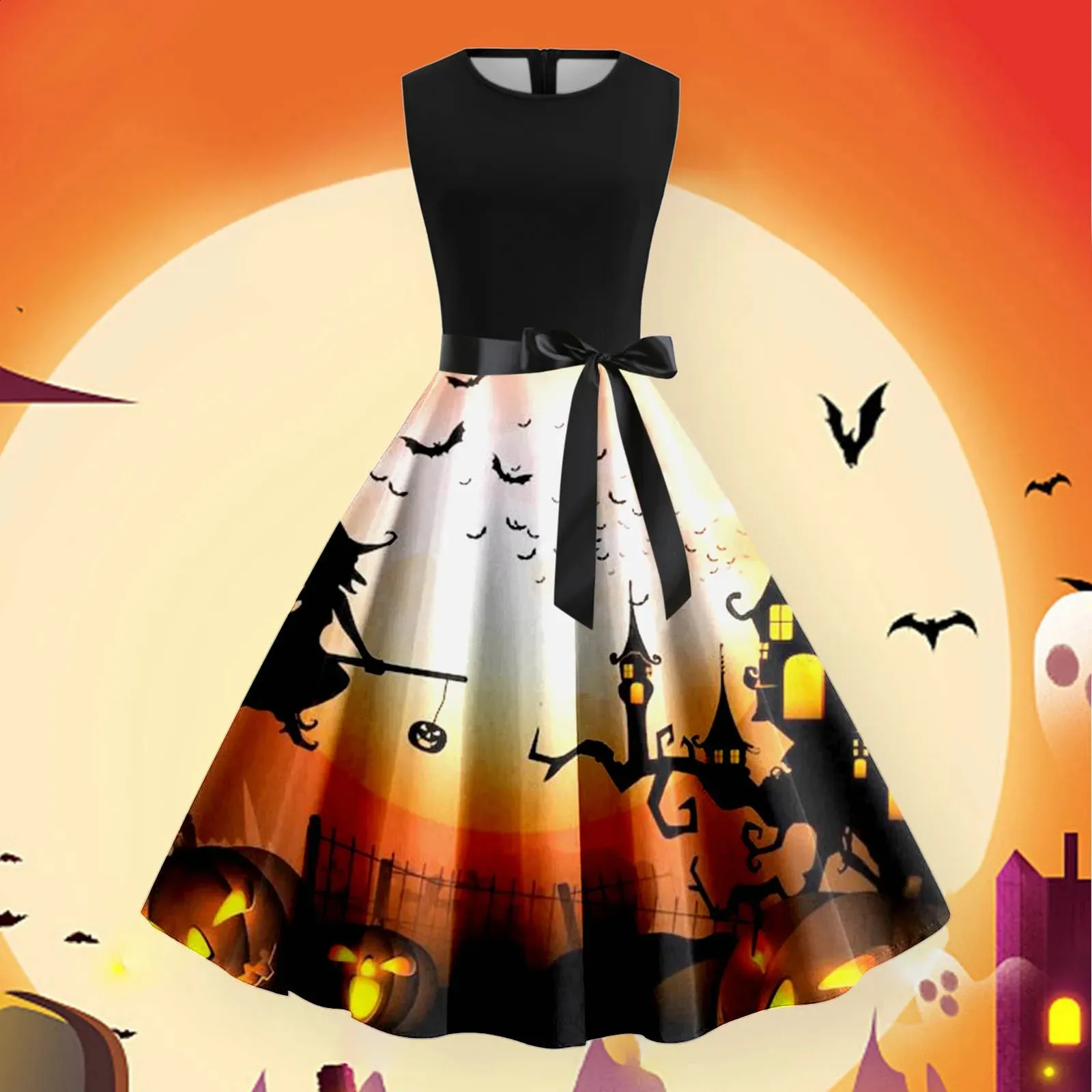 Vintage Gothic Pumpkin Print Halloween Maxi dress for Women - Strapless Princess Long dress with Slim Belt and Waisted Cocktail Style (240823) Vintage Gothic Pumpkin Print Halloween Maxi dress for Women - Strapless Princess Long dress with Slim Belt and Waisted Cocktail Style (240823)