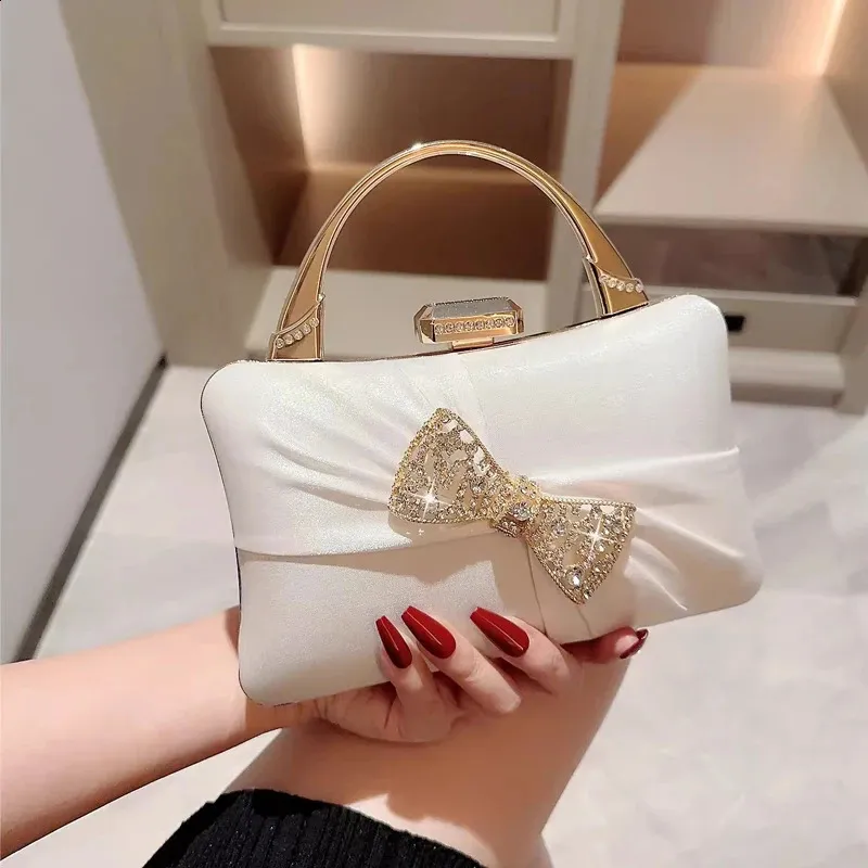 Silver White Satin Small Evening Bags For Women Fashion Metal