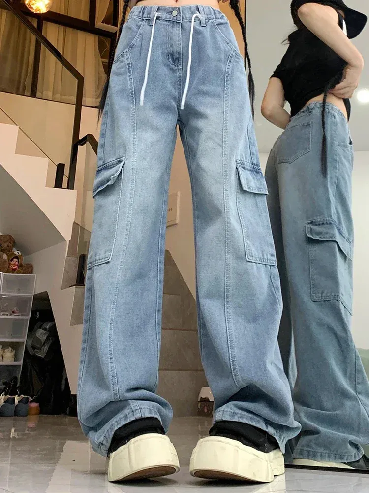 Casual Daily Pocket Lace Up Buttons Loose High Waist Speaker Bottoms Casual Daily Pocket Lace Up Buttons Loose High Waist Speaker Bottoms