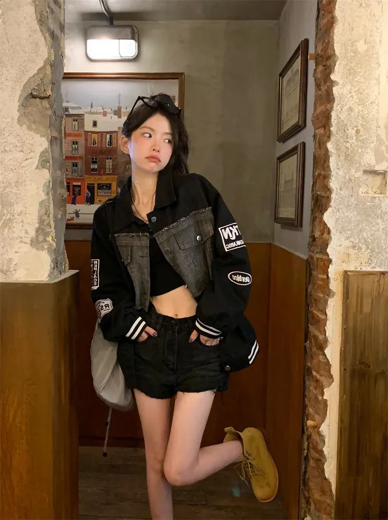 Womens Black Denim Jacket Oversize Long Sleeve Jean Outerwear